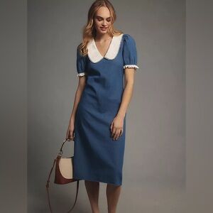 Anthropologie Porridge Short Sleeve Cottage Collard Slim Midi Dress Large NWT